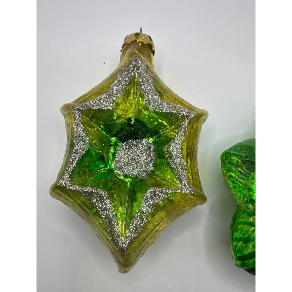 Vintage Mercury Glass Christmas Ornaments Green Gold Star Flower Set of 2